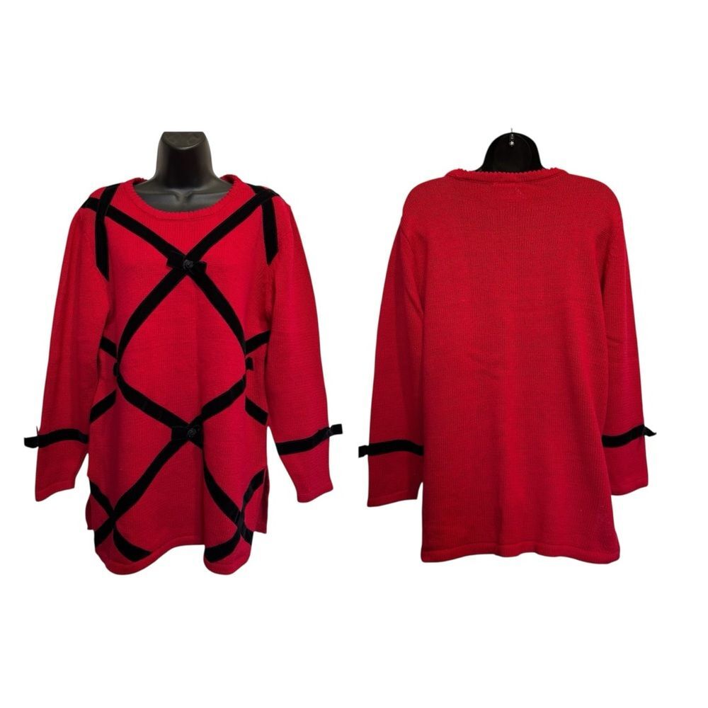 NWT Vintage Red Cotton Blend Holiday Sweater Black Velvet Trim Bows Rosettes 1X